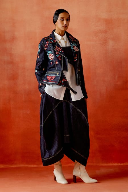 Jajaabor Embroidered Denim Biker Jacket Skirt Set 