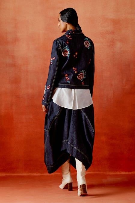 Jajaabor Embroidered Denim Biker Jacket Skirt Set 