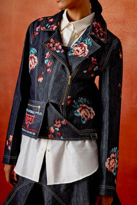 Buy_Jajaabor_Blue Denim, Chanderi Embroidery Collared Biker Jacket Skirt Set _Online_at_Aza_Fashions