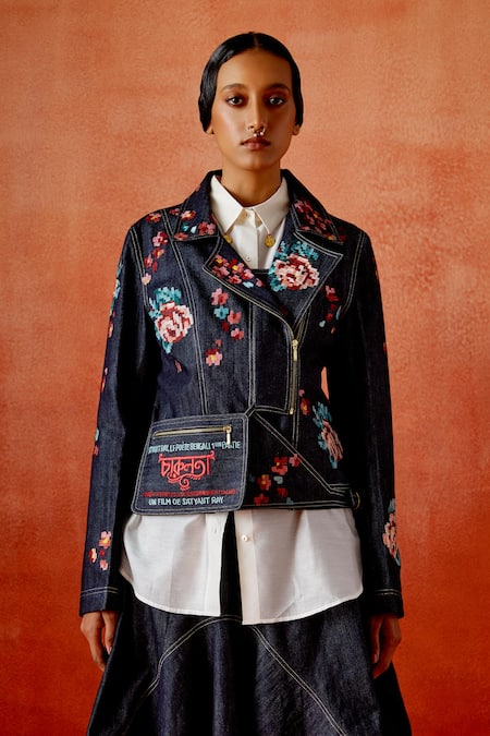 Shop_Jajaabor_Blue Denim, Chanderi Embroidery Collared Biker Jacket Skirt Set _Online_at_Aza_Fashions