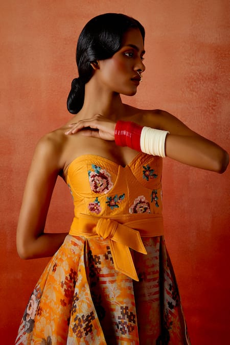 Buy_Jajaabor_Yellow Organza, Chanderi Embroidery, Cut Work Corset Dress With Belt _Online_at_Aza_Fashions