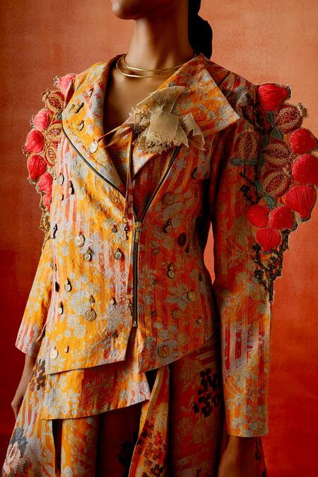 Jajaabor Multi Color Chanderi Silk Embroidery, Fabric Pomegranate Quilted Jacket at Aza Fashions Jajaabor_Multi Color Chanderi Silk Embroidery, Fabric Pomegranate Quilted Jacket _at_Aza_Fashions