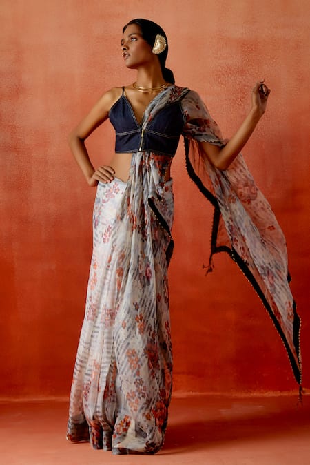 Jajaabor_Blue Silk Organza, Denim Embroidery V-neck Printed Saree Set With Jacket _Online_at_Aza_Fashions