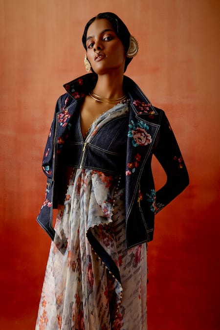 Buy_Jajaabor_Blue Silk Organza, Denim Embroidery V-neck Printed Saree Set With Jacket _Online_at_Aza_Fashions