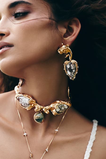 Buy_Outhouse_Rose Gold Crystals, Stones Temptress Leopard Earrings _Online_at_Aza_Fashions