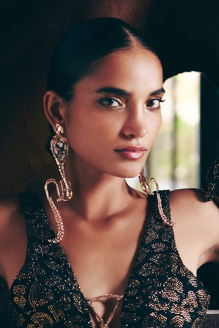 Buy_Outhouse_Rose Gold Crystals, Stones Temptress Leopard Statement Earrings _Online_at_Aza_Fashions