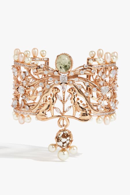 Buy_Outhouse_Rose Gold Pearls, Crystals, Gemstones La Leopard Cuff _Online_at_Aza_Fashions