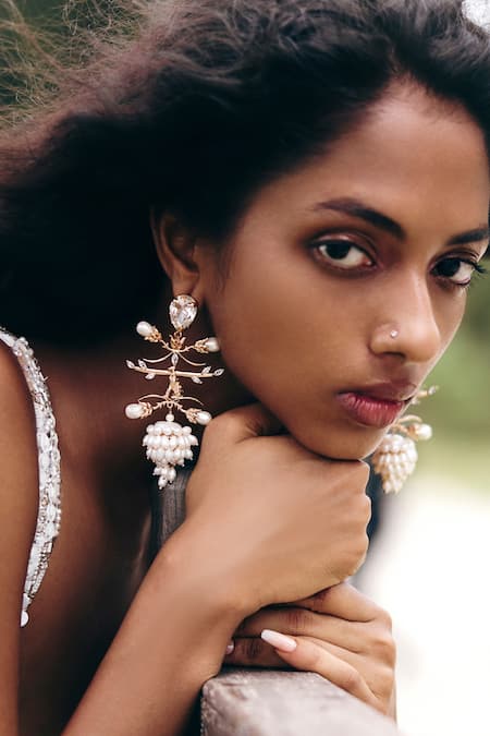 Outhouse Crown Of Pearls  Embellished Earrings 