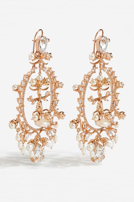 Outhouse_Rose Gold Pearls, Stones Feral Embellished Chandbalis _Online_at_Aza_Fashions
