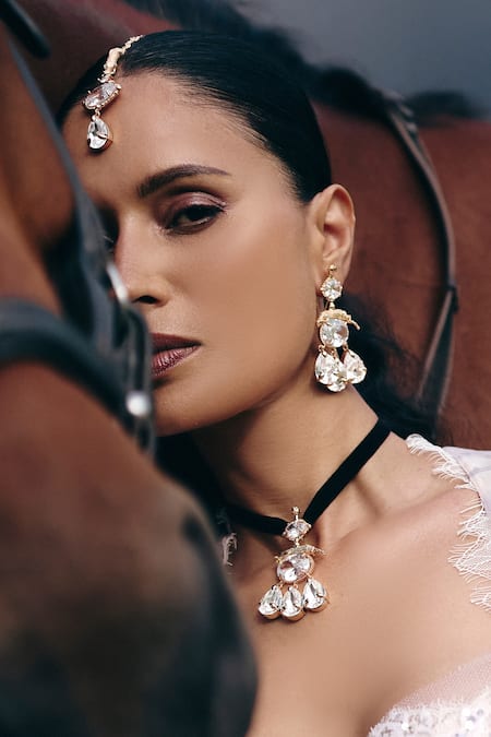 Buy_Outhouse_Rose Gold Crystals, Stones Leapord Embellished Drop Earrings _Online_at_Aza_Fashions