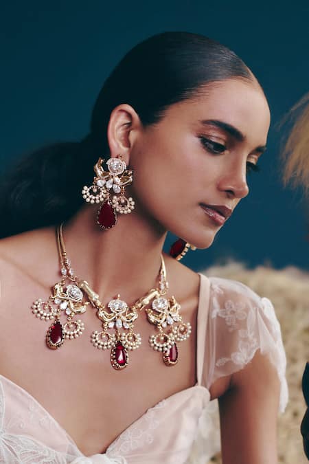 Buy_Outhouse_Rose Gold Crystals, Pearls Leopard Crimson Cascade Earrings _Online_at_Aza_Fashions