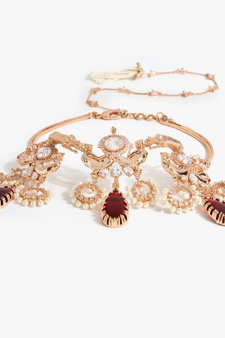 Buy_Outhouse_Rose Gold Leopard Crimson Cascade Necklace _Online_at_Aza_Fashions