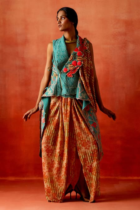 Jajaabor Pomegranate Embroidered Jacket & Draped Skirt Set 