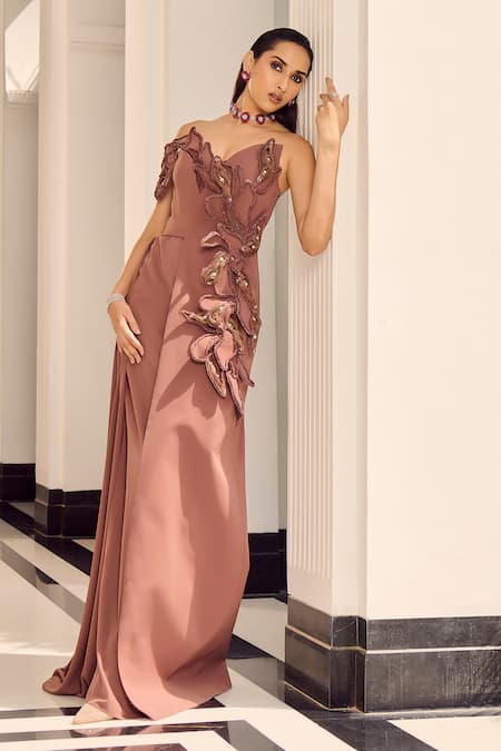 Shop_Supria Munjal_Brown Crepe Embroidery, Beads, Metallic Thread Assymetrical Sculpted Draped Gown _Online_at_Aza_Fashions