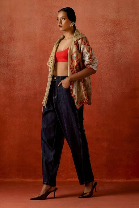 Buy_Jajaabor_Gold Tissue, Denim Embroidery, Cut Work Open Neck Trench Jacket And Pant Set 