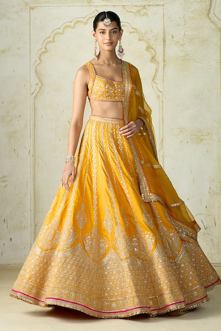 Buy_Gopi Vaid_Yellow Tussar, Organza Embroidery, Zari, Sequins Square Neck Samia Lehenga Set _Online_at_Aza_Fashions