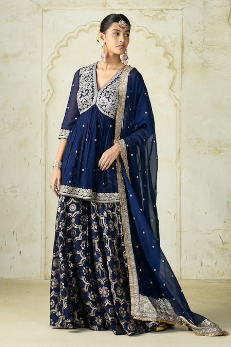 Buy_Gopi Vaid_Blue Tussar, Georgette Embroidery, Zari V-neck Rida Peplum Kurta Sharara Set _Online_at_Aza_Fashions