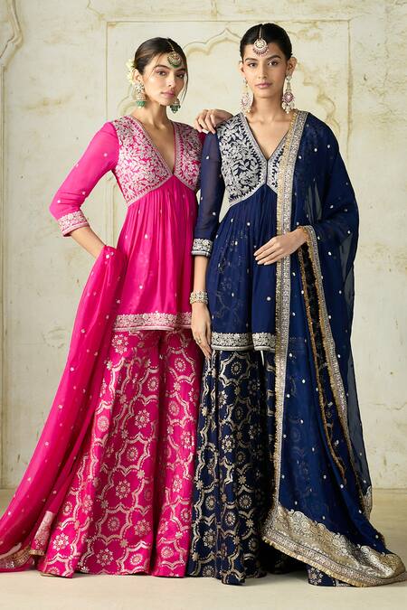 Shop_Gopi Vaid_Blue Tussar, Georgette Embroidery, Zari V-neck Rida Peplum Kurta Sharara Set _Online_at_Aza_Fashions