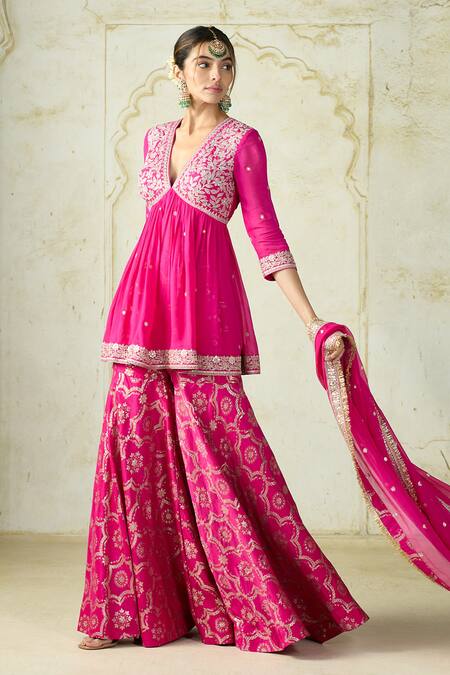 Gopi Vaid_Pink Tussar, Georgette Embroidery, Zari, Sequins Rida Peplum Kurta Sharara Set _Online_at_Aza_Fashions