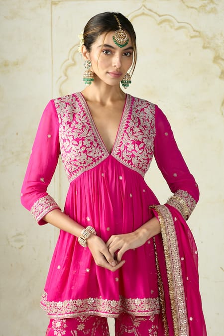 Buy_Gopi Vaid_Pink Tussar, Georgette Embroidery, Zari, Sequins Rida Peplum Kurta Sharara Set _Online_at_Aza_Fashions