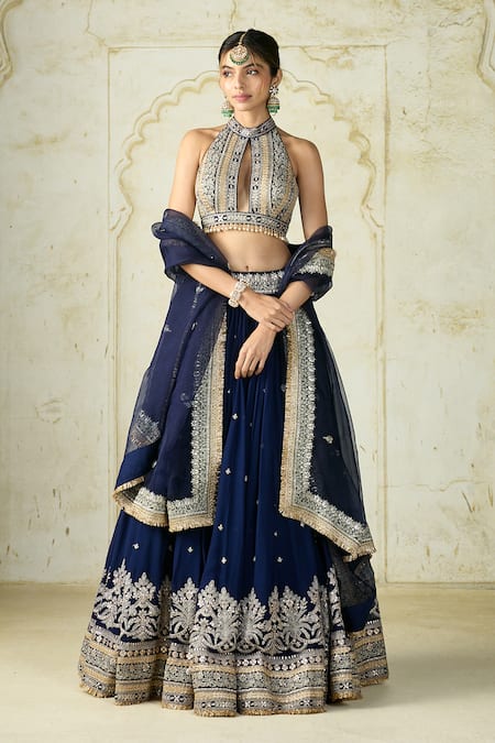 Gopi Vaid_Blue Georgette, Tussar, Organza Embroidery, Sequins, Sidra Blouse Lehenga Set _Online_at_Aza_Fashions