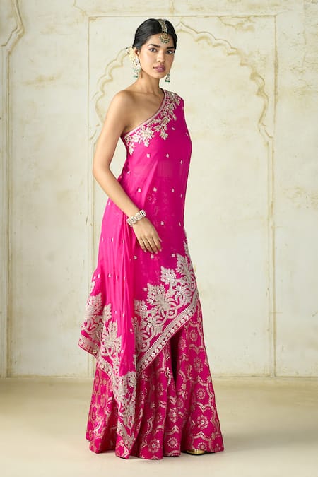Gopi Vaid_Pink Georgette, Tussar Embroidery, Metallic Areesha Kurta And Sharara Set _Online_at_Aza_Fashions