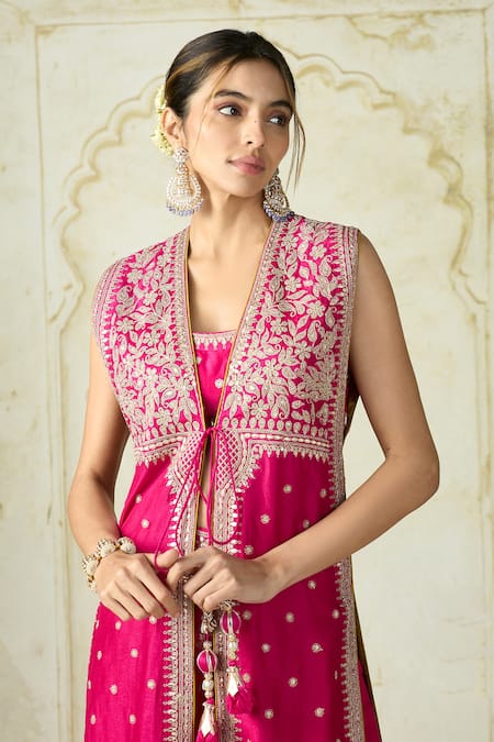 Buy_Gopi Vaid_Pink Tussar Embroidery, Tassels V-neck, Square Sana Floral Jacket Palazzo Set _Online_at_Aza_Fashions