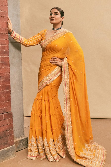 Gopi Vaid_Yellow Georgette, Tussar Embroidery, Zari Round Dilruba Dori Saree With Blouse _Online_at_Aza_Fashions
