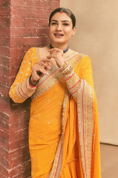 Buy_Gopi Vaid_Yellow Georgette, Tussar Embroidery, Zari Round Dilruba Dori Saree With Blouse _Online_at_Aza_Fashions