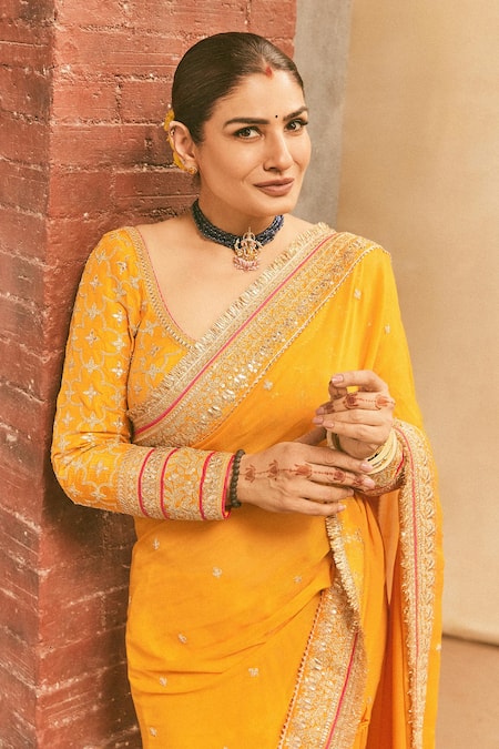 Shop_Gopi Vaid_Yellow Georgette, Tussar Embroidery, Zari Round Dilruba Dori Saree With Blouse _Online_at_Aza_Fashions