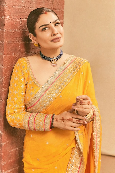 Gopi Vaid_Yellow Georgette, Tussar Embroidery, Zari Round Dilruba Dori Saree With Blouse _at_Aza_Fashions