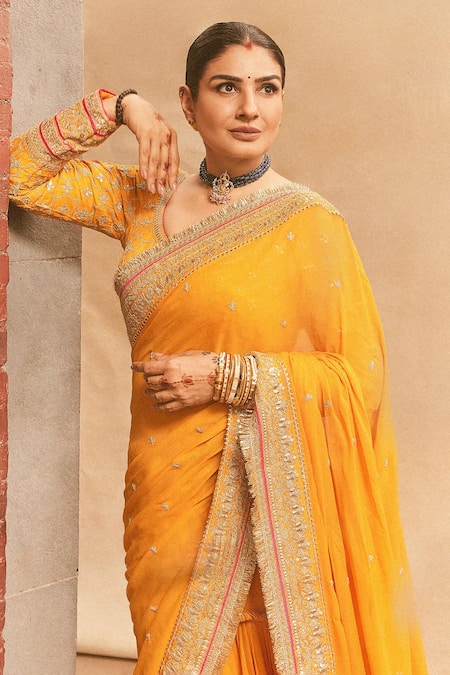 Buy_Gopi Vaid_Yellow Georgette, Tussar Embroidery, Zari Round Dilruba Dori Saree With Blouse 