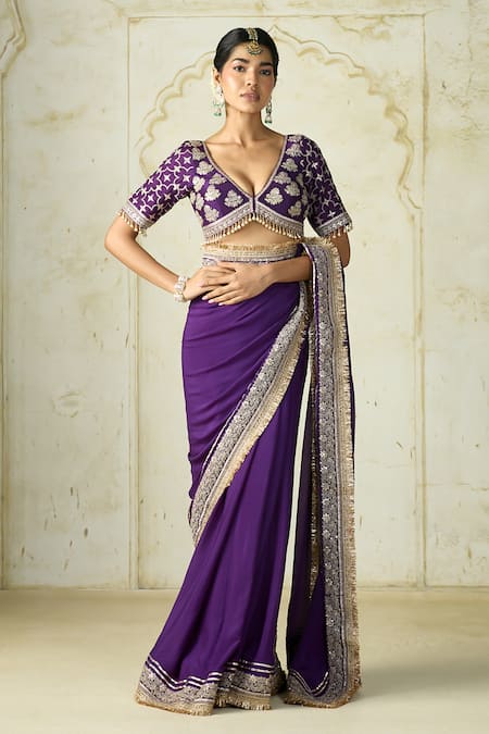 Shop Gopi Vaid Purple Chiffon, Tussar Embroidery, Hunr Thread Placement Saree With Blouse Online at Aza Fashions Shop_Gopi Vaid_Purple Chiffon, Tussar Embroidery, Hunr Thread Placement Saree With Blouse _Online_at_Aza_Fashions