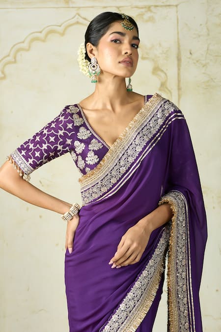 Gopi Vaid Purple Chiffon, Tussar Embroidery, Hunr Thread Placement Saree With Blouse at Aza Fashions Gopi Vaid_Purple Chiffon, Tussar Embroidery, Hunr Thread Placement Saree With Blouse _at_Aza_Fashions