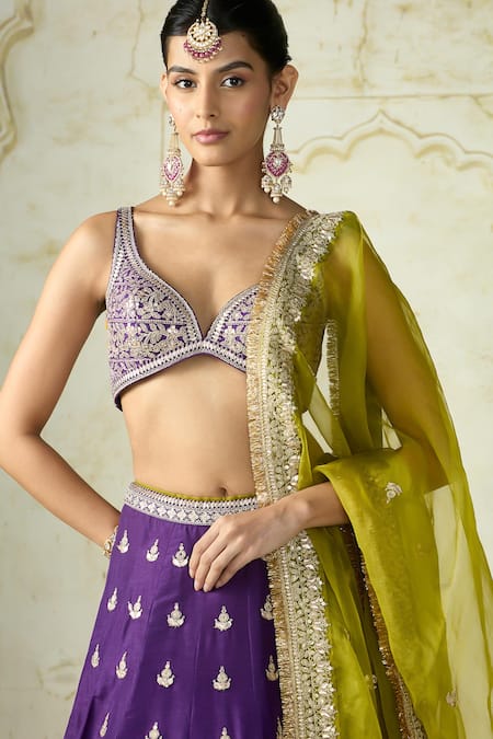 Buy_Gopi Vaid_Purple Tussar, Organza Embroidery, Zari, Tassels, Sehrish Floral Lehenga Set _Online_at_Aza_Fashions