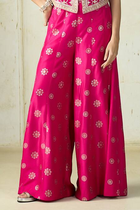 Gopi Vaid Pink Tussar V-neck Mizna Geometric Pattern Vest And Palazzo Set Online at Aza Fashions Gopi Vaid_Pink Tussar V-neck Mizna Geometric Pattern Vest And Palazzo Set _Online_at_Aza_Fashions