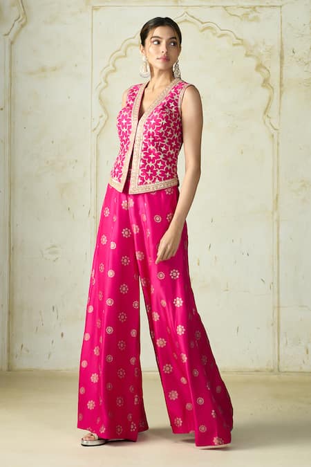 Buy Gopi Vaid Pink Tussar V-neck Mizna Geometric Pattern Vest And Palazzo Set Online at Aza Fashions Buy_Gopi Vaid_Pink Tussar V-neck Mizna Geometric Pattern Vest And Palazzo Set _Online_at_Aza_Fashions