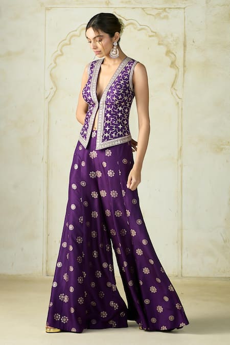 Buy Gopi Vaid Purple Tussar Embroidery V-neck Mizna Geometric Vest And Palazzo Set Online at Aza Fashions Buy_Gopi Vaid_Purple Tussar Embroidery V-neck Mizna Geometric Vest And Palazzo Set _Online_at_Aza_Fashions