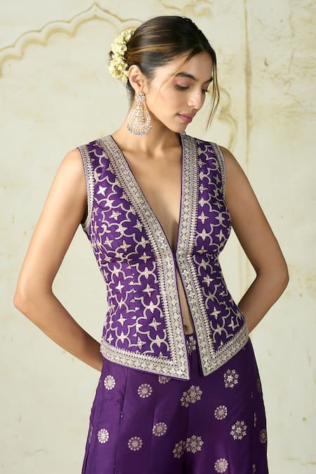 Shop Gopi Vaid Purple Tussar Embroidery V-neck Mizna Geometric Vest And Palazzo Set Online at Aza Fashions Shop_Gopi Vaid_Purple Tussar Embroidery V-neck Mizna Geometric Vest And Palazzo Set _Online_at_Aza_Fashions