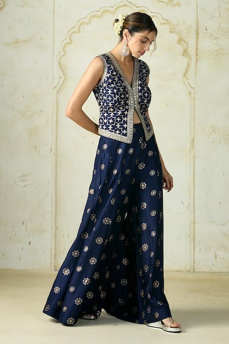 Gopi Vaid_Blue Tussar Embroidery V-neck Mizna Abstract Vest And Palazzo Set _Online_at_Aza_Fashions
