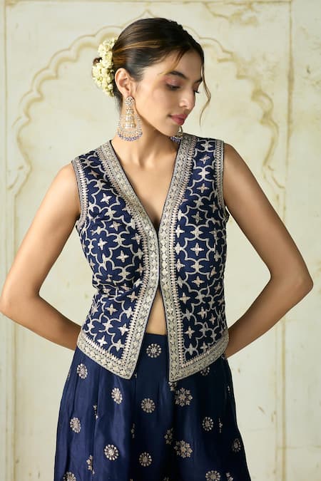 Buy_Gopi Vaid_Blue Tussar Embroidery V-neck Mizna Abstract Vest And Palazzo Set _Online_at_Aza_Fashions