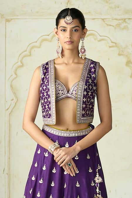 Gopi Vaid_Purple Tussar Metallic Thread, Sequins, Shabana Geometric Jacket Lehenga Set _Online_at_Aza_Fashions