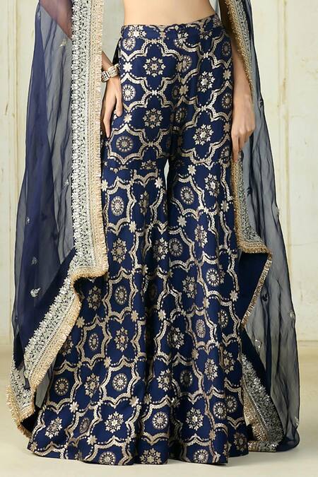 Gopi Vaid_Blue Tussar, Organza Embroidery, Sequins, Zari V-neck Farhat Blouse Sharara Set _Online_at_Aza_Fashions