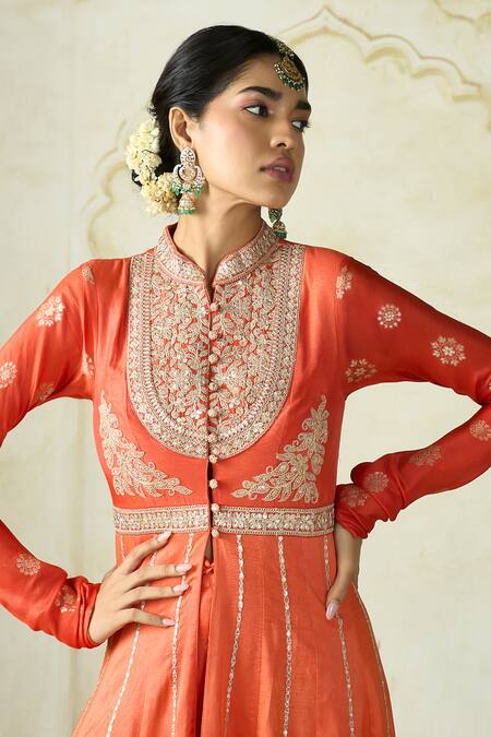 Gopi Vaid_Orange Tussar, Linen, Satin, Organza Wajiha Floral Stripe Anarkali Set _Online_at_Aza_Fashions