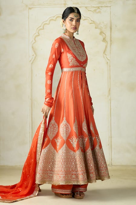 Buy_Gopi Vaid_Orange Tussar, Linen, Satin, Organza Wajiha Floral Stripe Anarkali Set _Online_at_Aza_Fashions