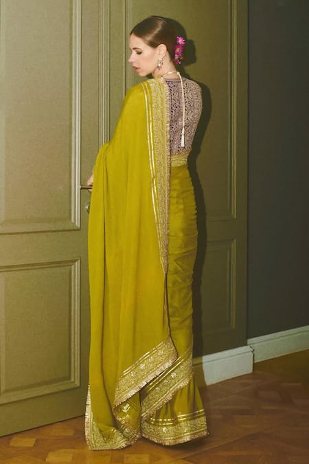 Shop Gopi Vaid Green Chiffon, Tussar Embroidery, Sequins Round Nizaam Work Saree With Blouse at Aza Fashions Shop_Gopi Vaid_Green Chiffon, Tussar Embroidery, Sequins Round Nizaam Work Saree With Blouse _at_Aza_Fashions