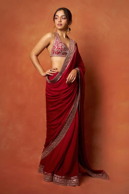Gopi Vaid_Red Georgette, Tussar Embroidery, Zari Halter Neck, Florette Saree With Blouse _Online_at_Aza_Fashions
