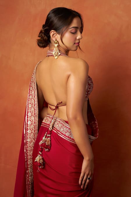 Buy_Gopi Vaid_Red Georgette, Tussar Embroidery, Zari Halter Neck, Florette Saree With Blouse _Online_at_Aza_Fashions