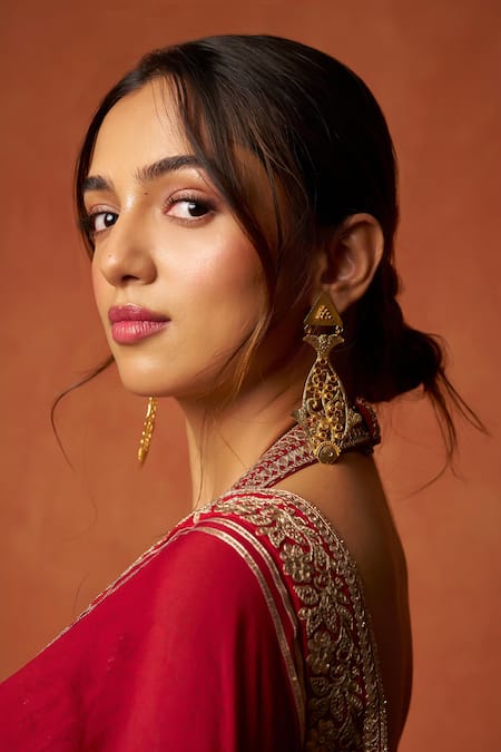 Gopi Vaid_Red Georgette, Tussar Embroidery, Zari Halter Neck, Florette Saree With Blouse _at_Aza_Fashions