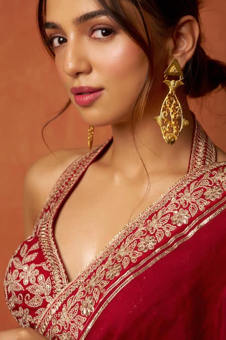 Buy_Gopi Vaid_Red Georgette, Tussar Embroidery, Zari Halter Neck, Florette Saree With Blouse 